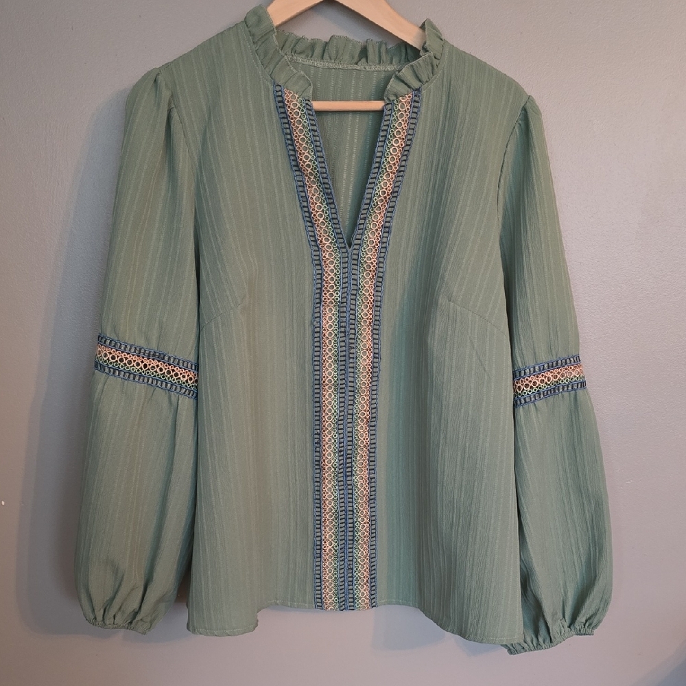 Ruffle Collar Green Blouse with Embroidered Details